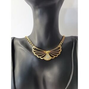 Vintage Necklace Wings Gold Tone White Crystals Chain Jewelry Costume